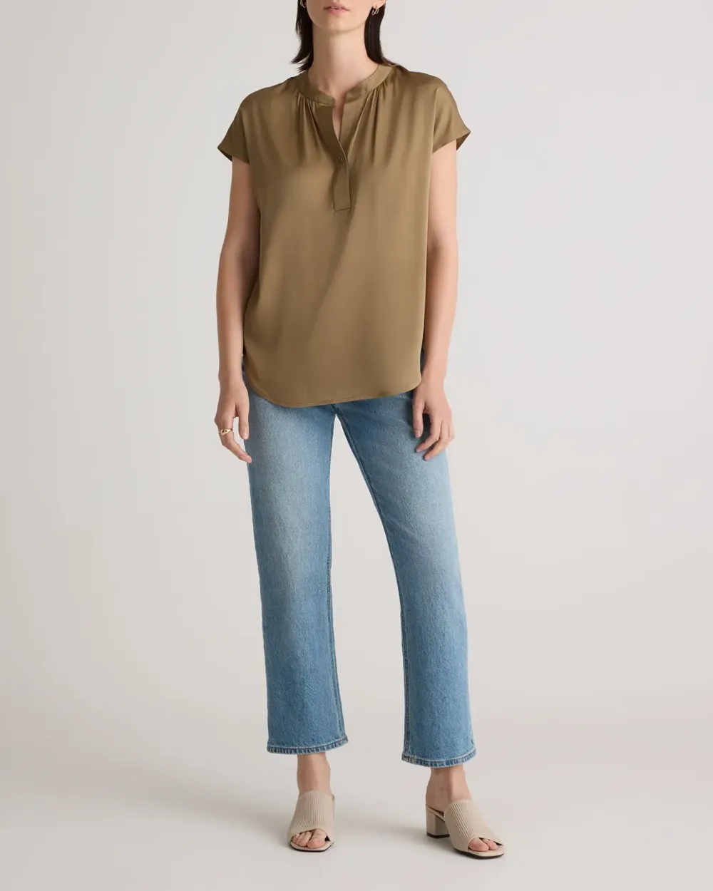 Short Sleeve Washable Stretch Silk Dolman Sleeve Blouse