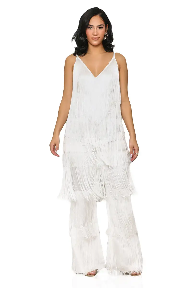 Feeling Fringe Jumpsuit (White)- FINAL SALE