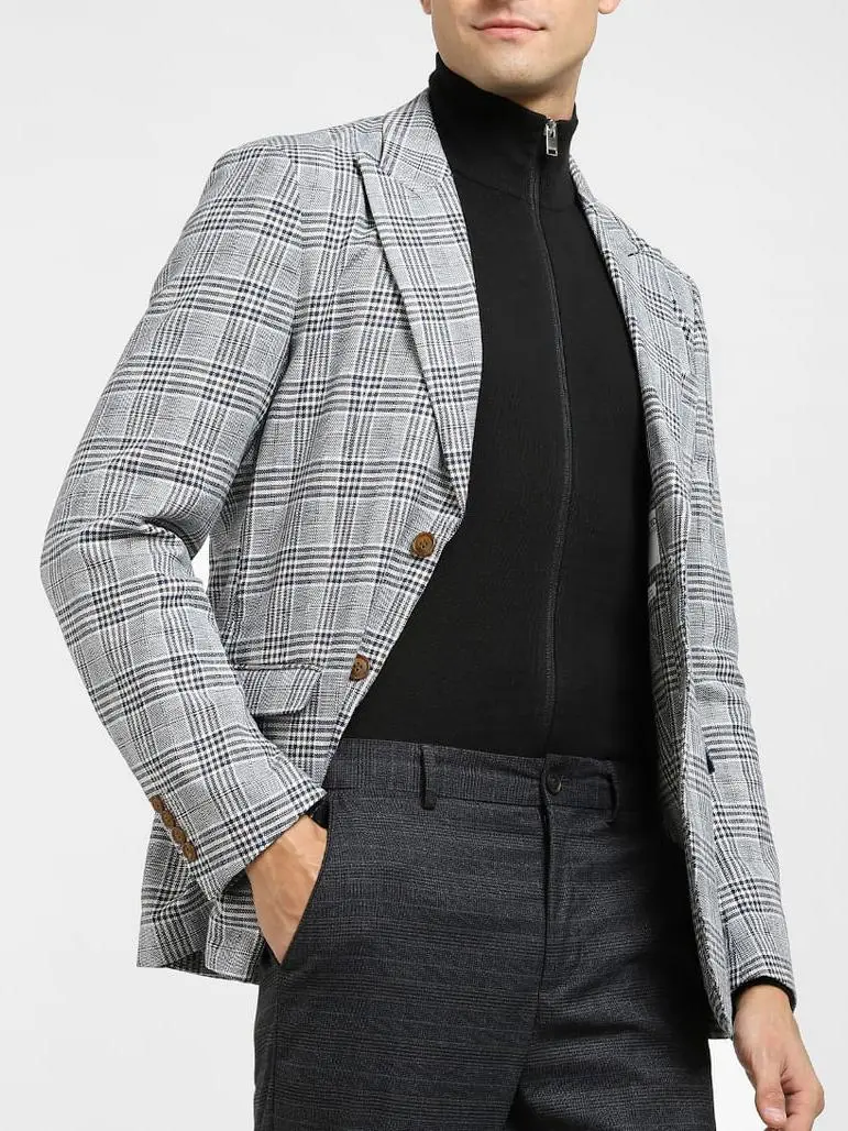 Dark Blue Check Print Linen Blazer