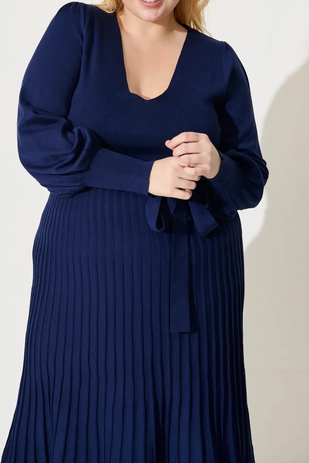 Navy Blue Belted Knit Midi Dress