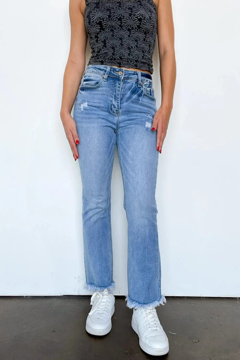 High Rise Raw Hem Straight Jeans