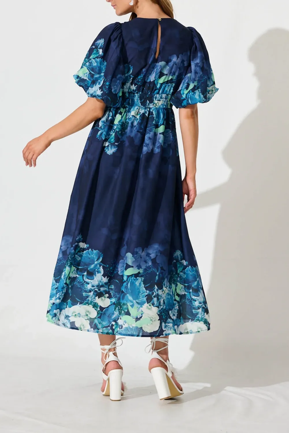 Navy Blue Floral Print Puff Sleeve Maxi Dress