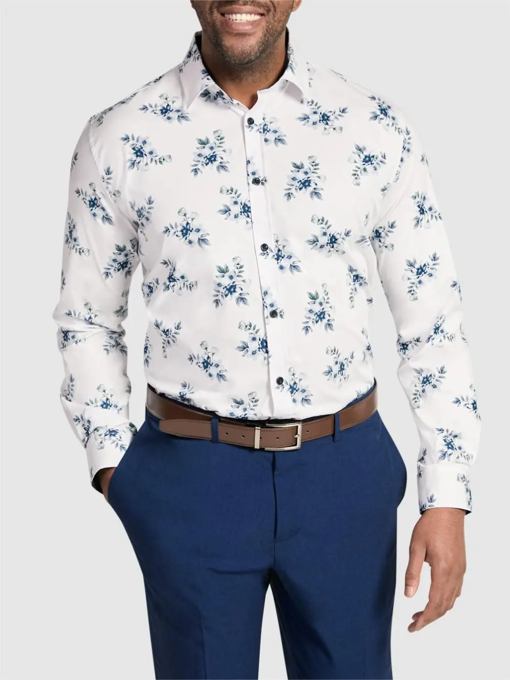 NAVY VERDON FLORAL STRETCH SHIRT