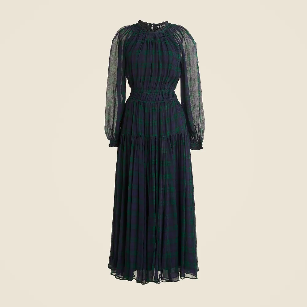 Crinkle chiffon sheer long-sleeve dress in Black Watch tartan