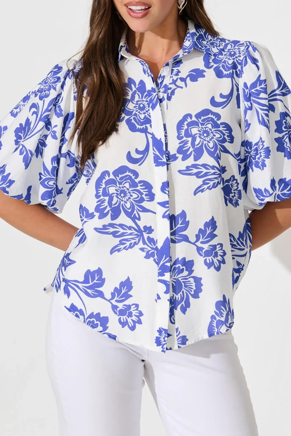 White Shirt With Blue Floral & Puff Sleeves