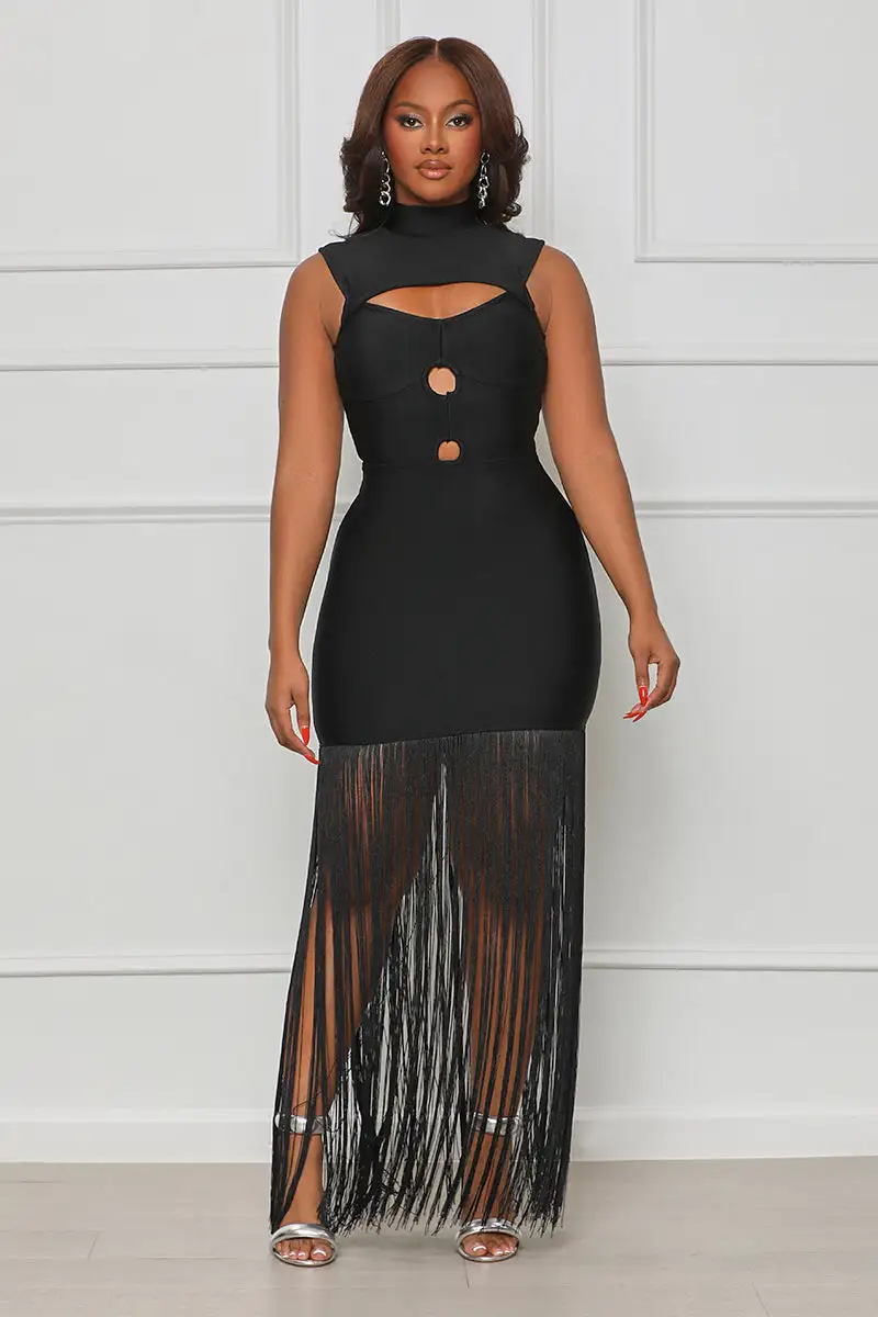 Ball Me Out Fringe Bandage Dress (Black)