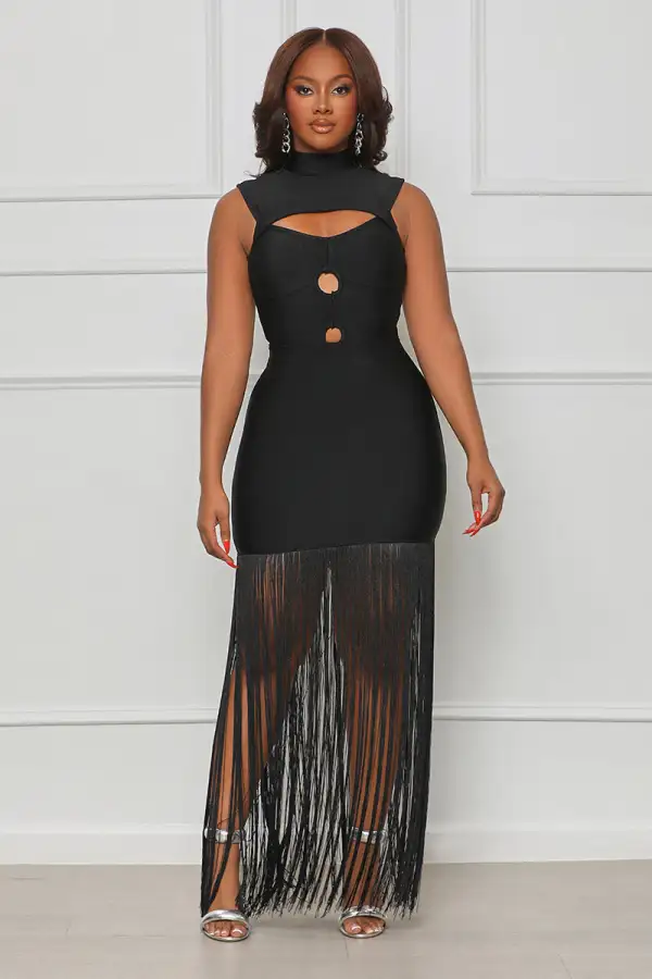 Ball Me Out Fringe Bandage Dress (Black)