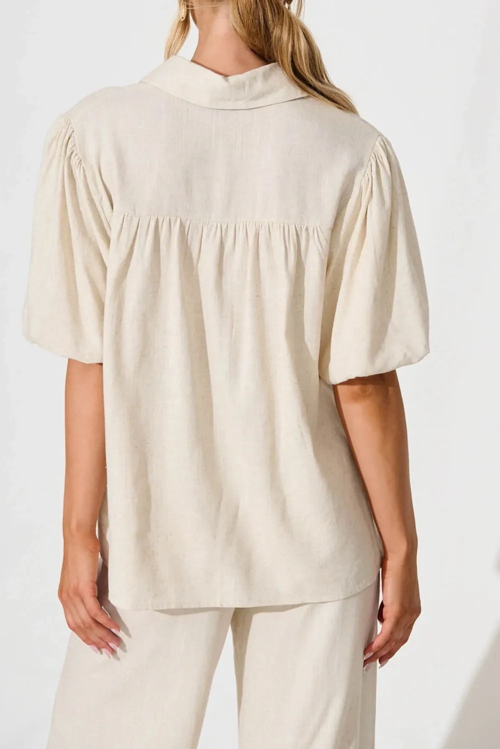Beige Short Sleeve Button Down Linen Shirt