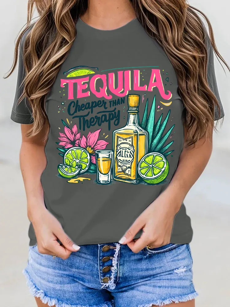 Women's Tequila Round Neck Short Sleeves Pure Cotton T-Shirt