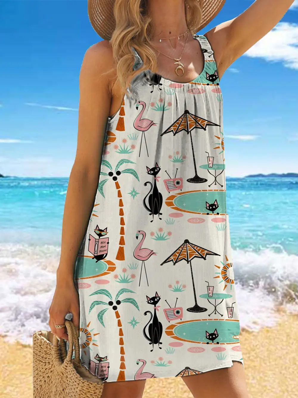 Women's Vacation Hawaii Cocktail Black Cat Palm Tree Art Print Dress