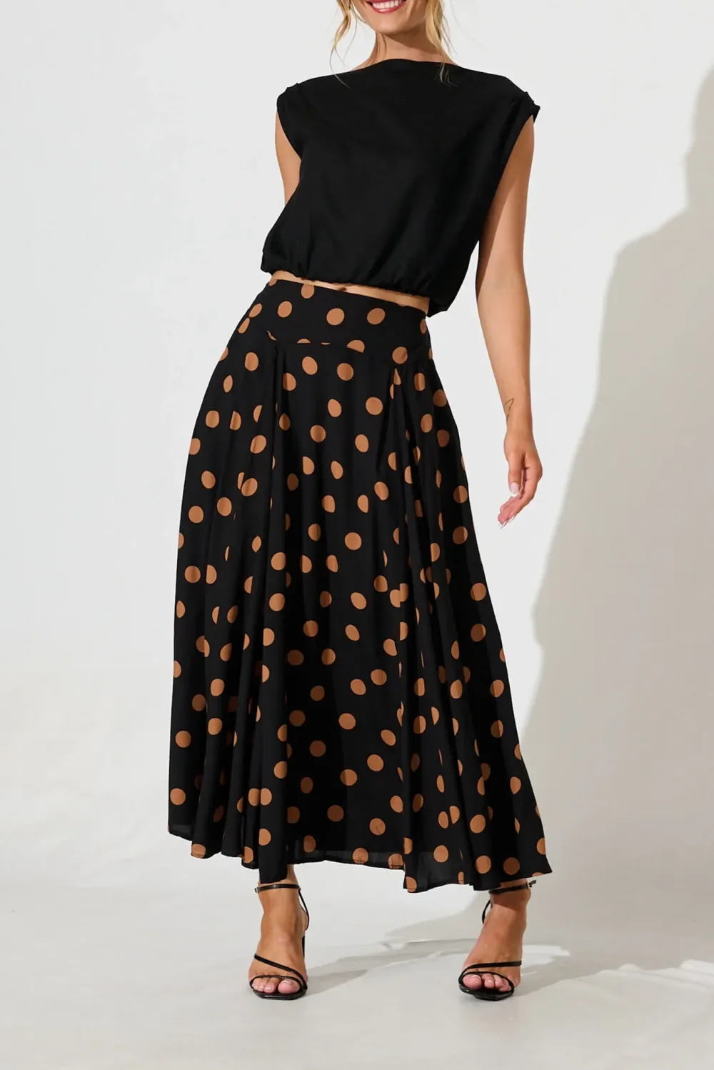 Black Polka Dot Flowy Midi Skirt