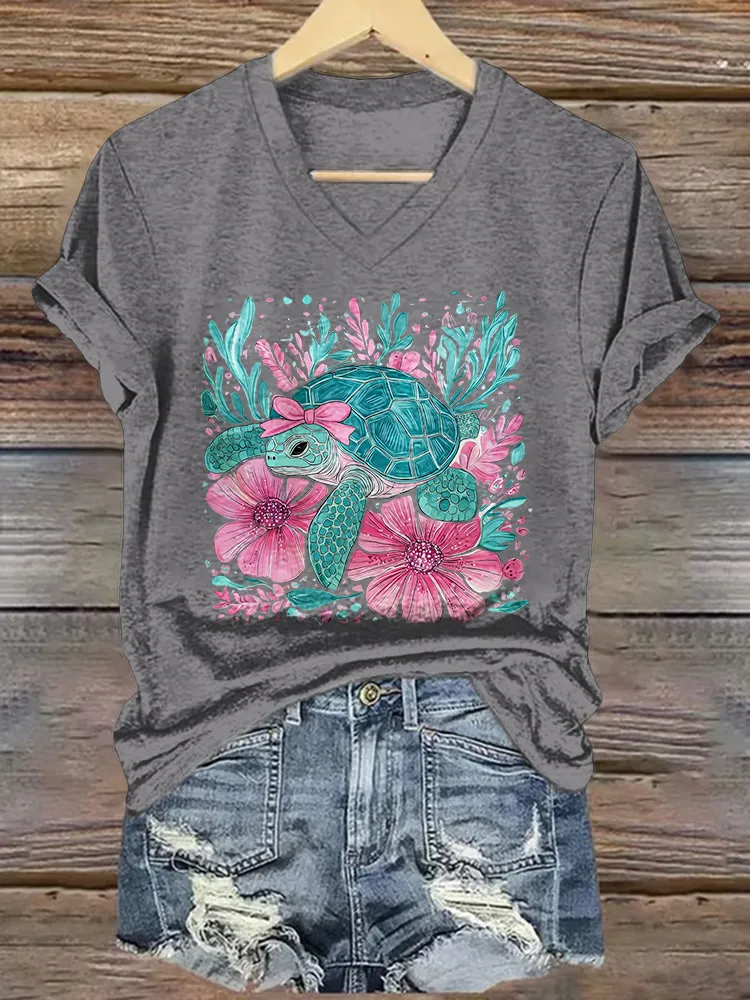 Women's Summer Sea Turtles Short Sleeves V-Neck Pure Cotton T-Shirt
