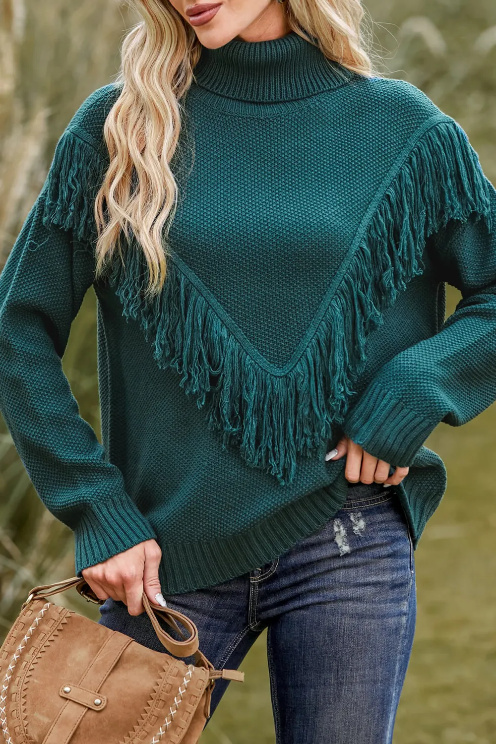 Tassel Turtleneck Long Sleeve Knit Sweater