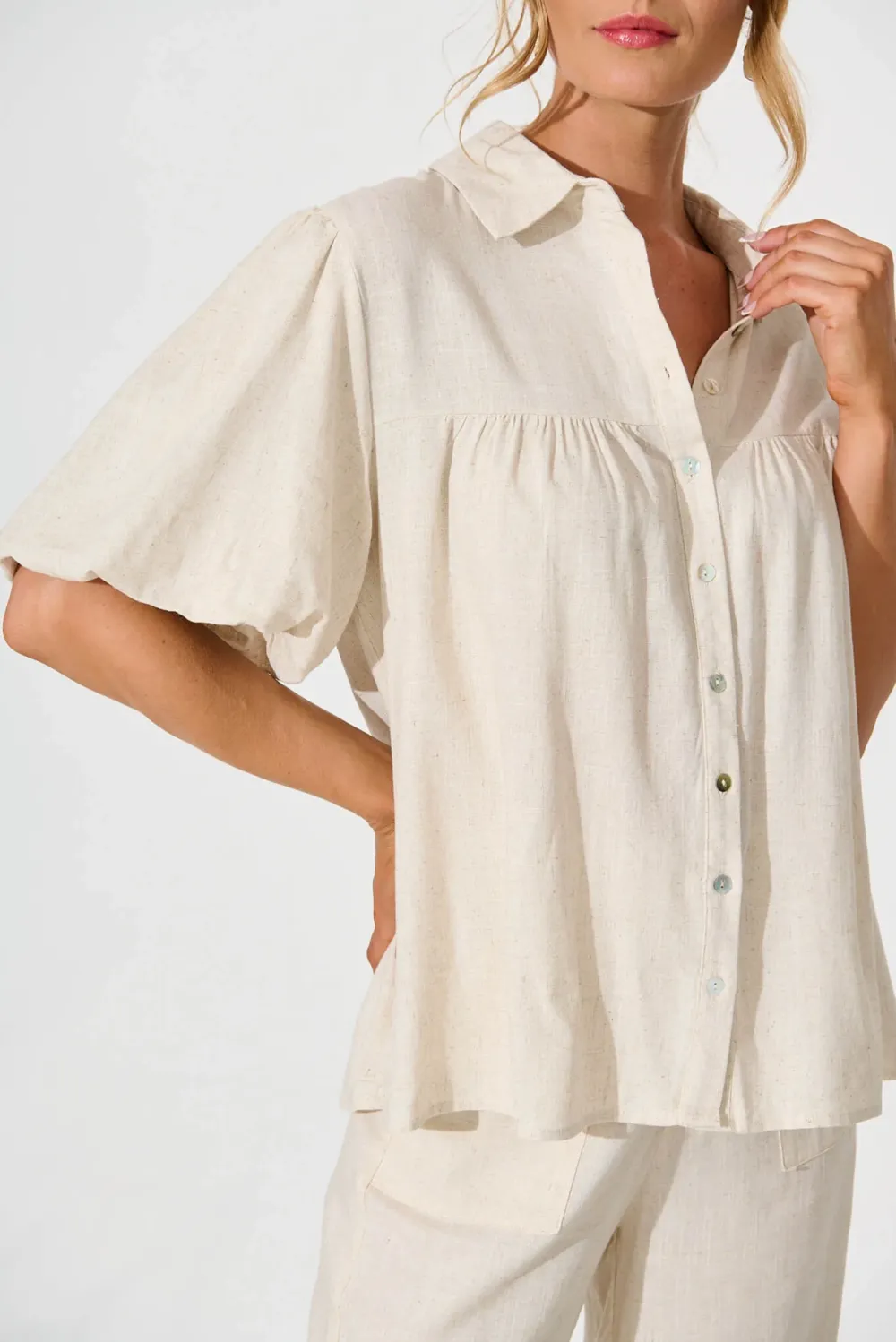 Beige Short Sleeve Button Down Linen Shirt