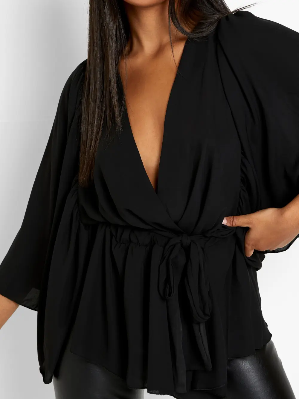 PLUS ANGEL SLEEVE WRAP PEPLUM BLOUSE