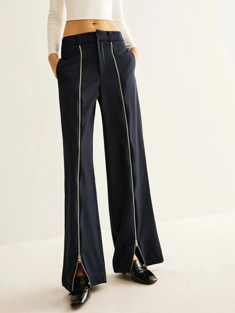 Zipper Design Mid-Waist Pants
