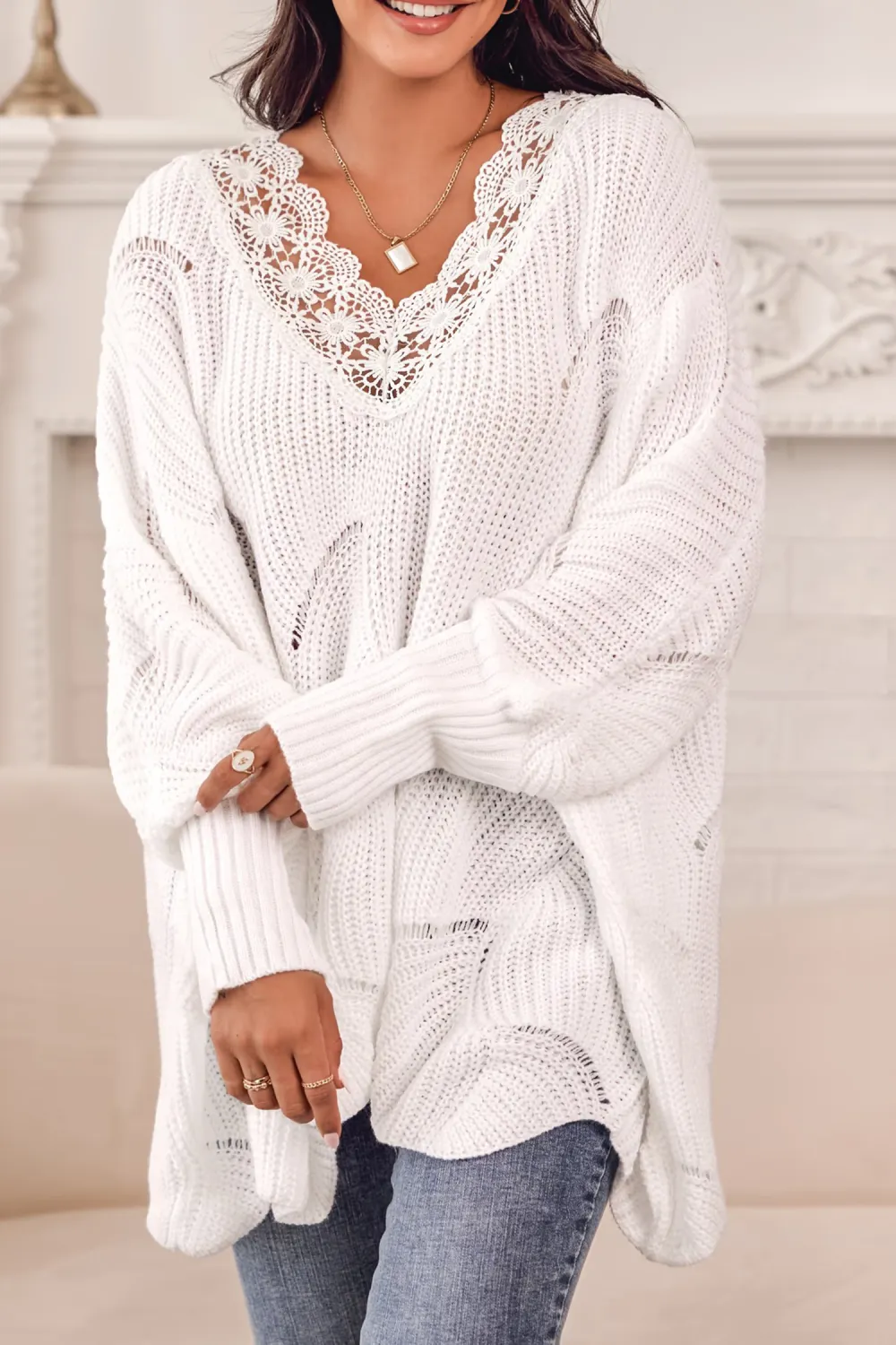 Floral Lace Pointelle Knit Scalloped Sweater