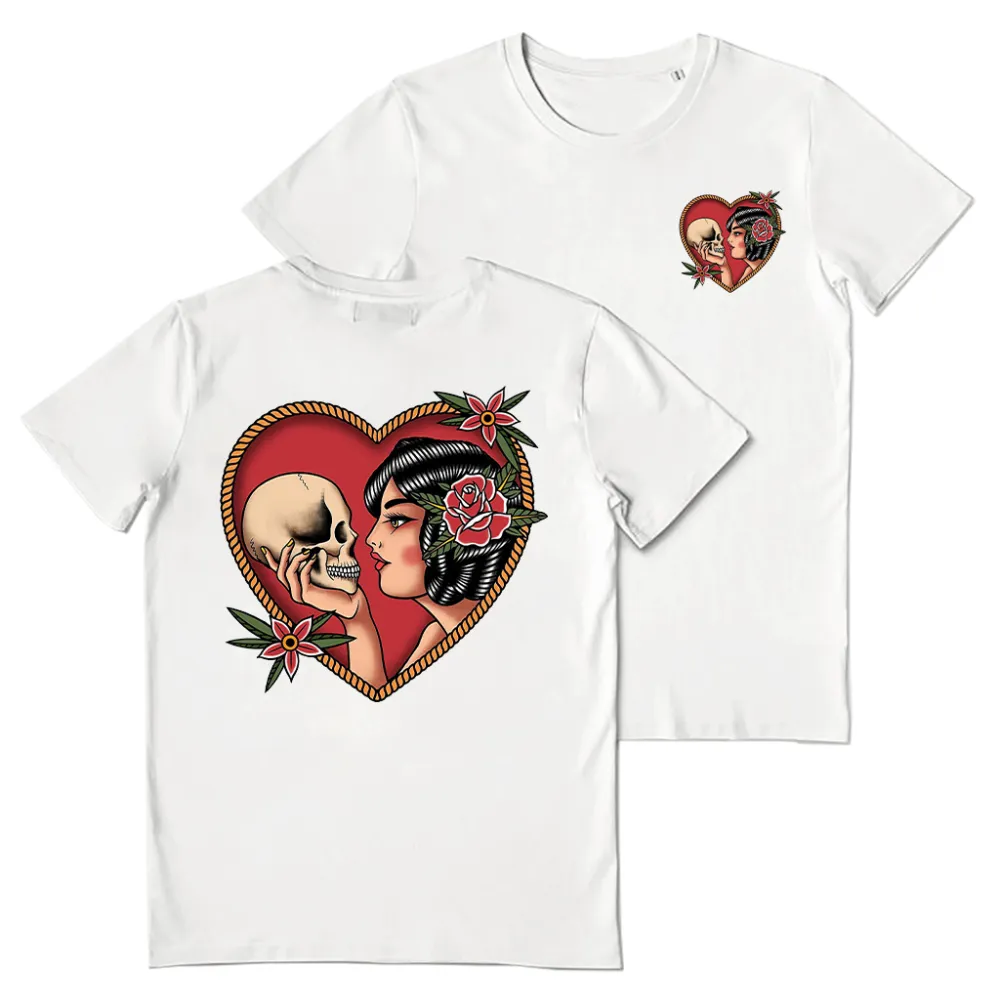Retro Brunette Woman And Skull Print T-shirt