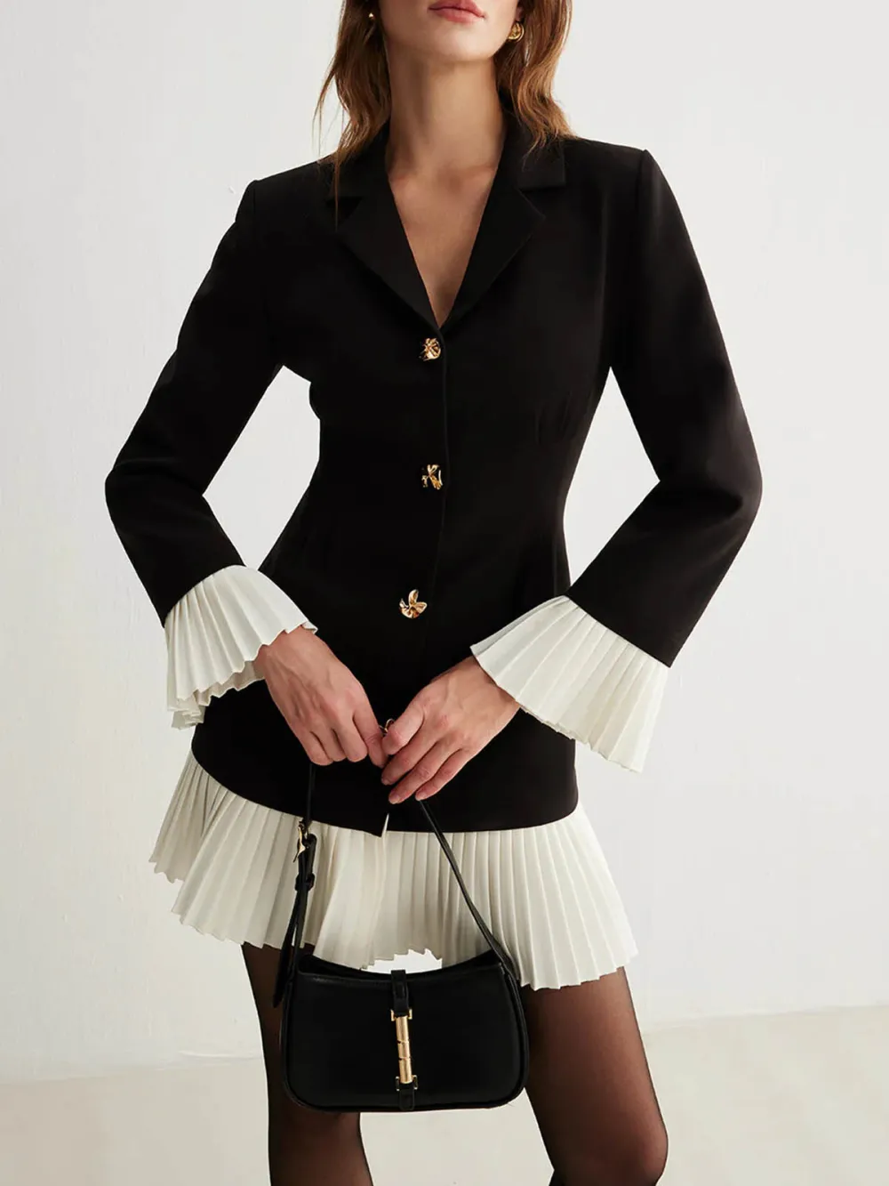 Pleated Detail Metal Button Long Sleeve Dress