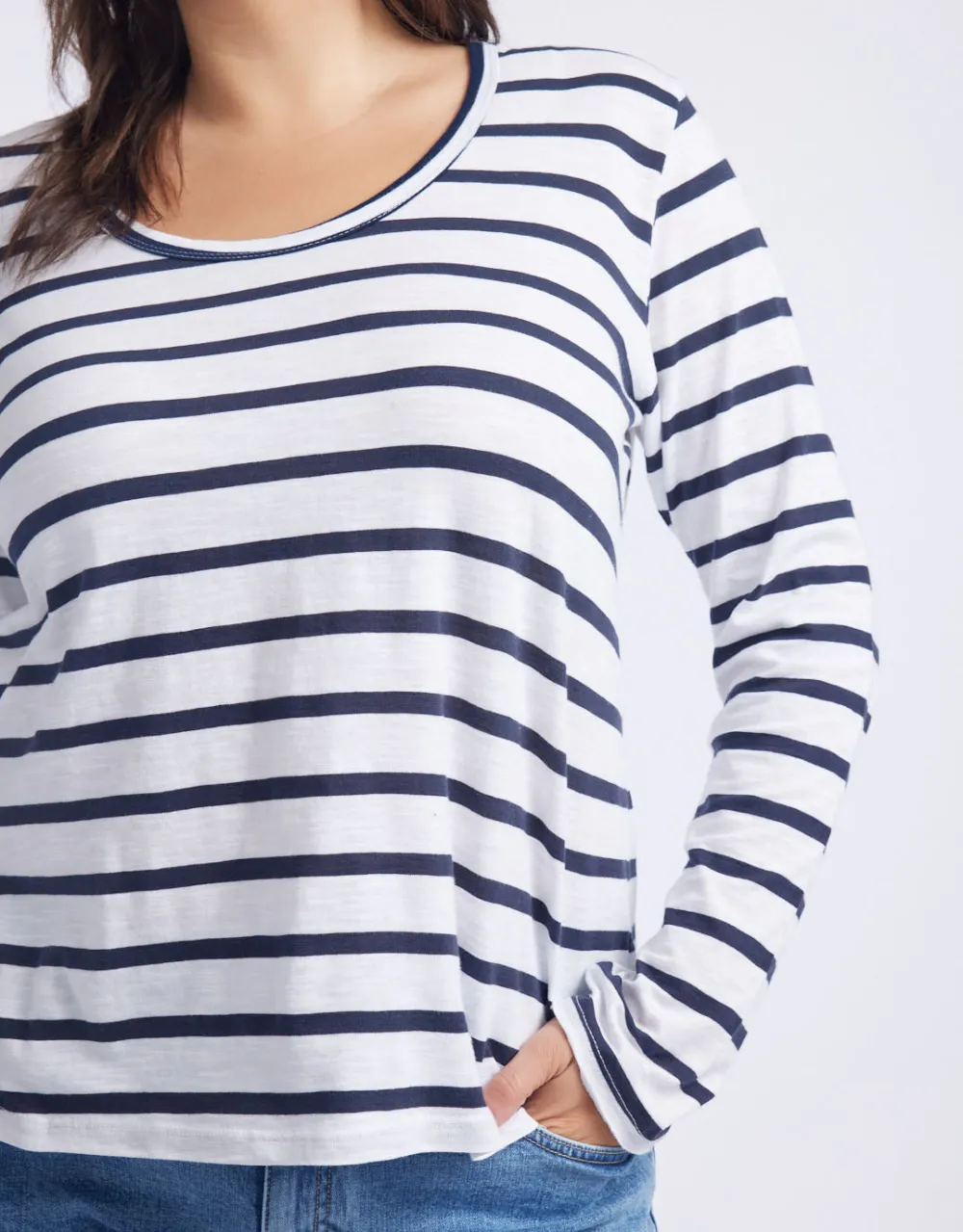 Original Round Neck Long Sleeve T-Shirt - Navy/White Stripe