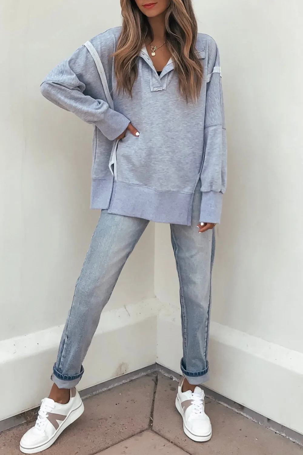 Grey Contrast Pullover Sweatshirt