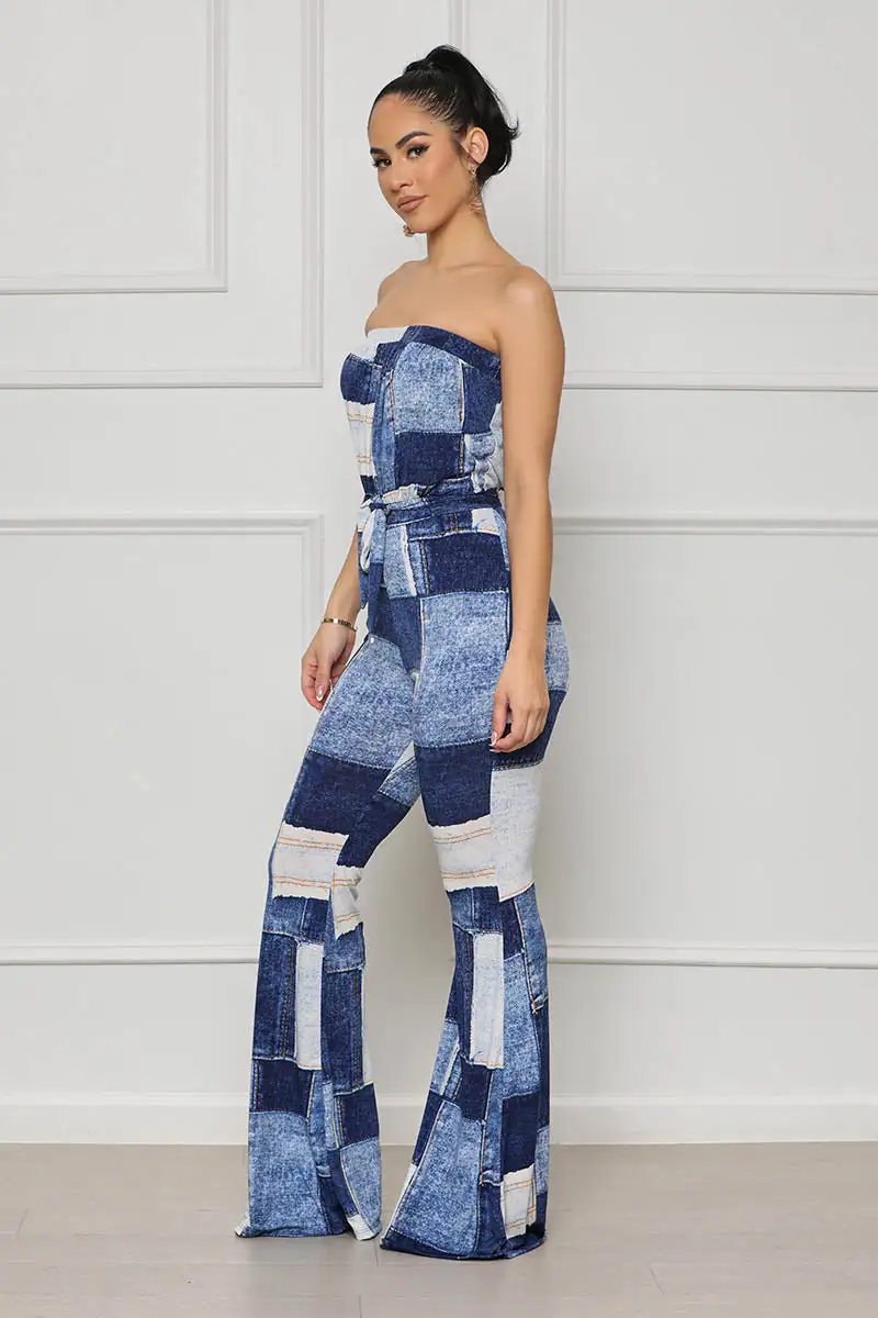 Patchwork Denim Print Sleeveless Jumpsuit (Blue Multi)-FINAL SALE