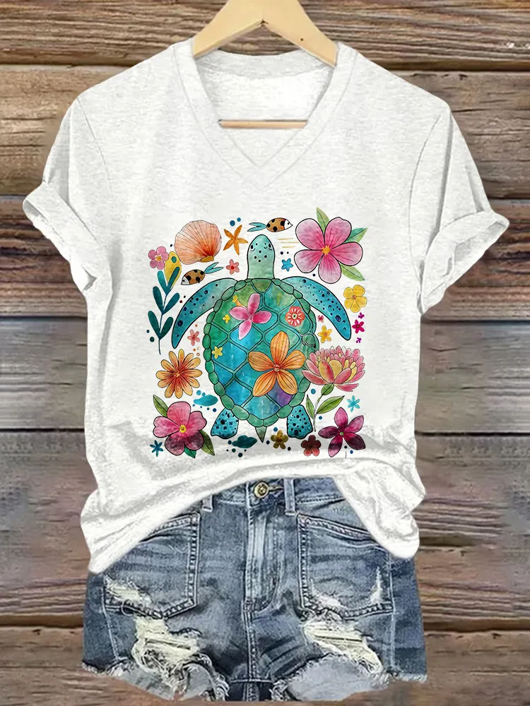 Women's The Sea Turtles Short Sleeves V-Neck Pure Cotton T-Shirt