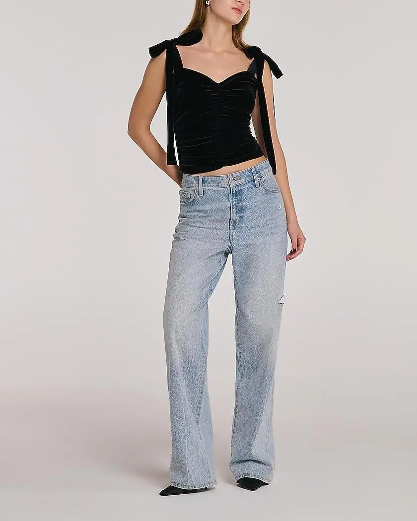 High Waisted Light Wash Ripped 50/50 Rigid Stretch Relaxed Straight Jeans