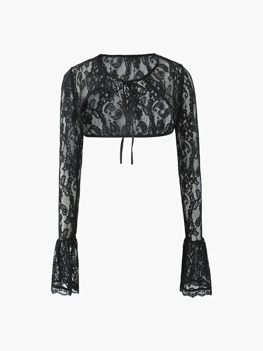 Semi-Sheer Lace Ruffle Sleeve Blouse