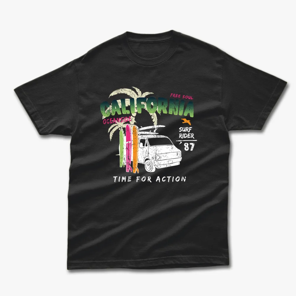 Retro Summer California Time For Action Printed T-Shirt