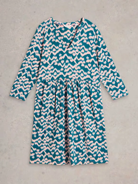 Thea Jersey Knee Length Dress In Teal Print