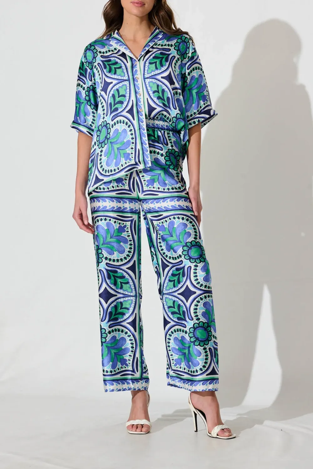 Blue Green Patterned Short Sleeve Shirt