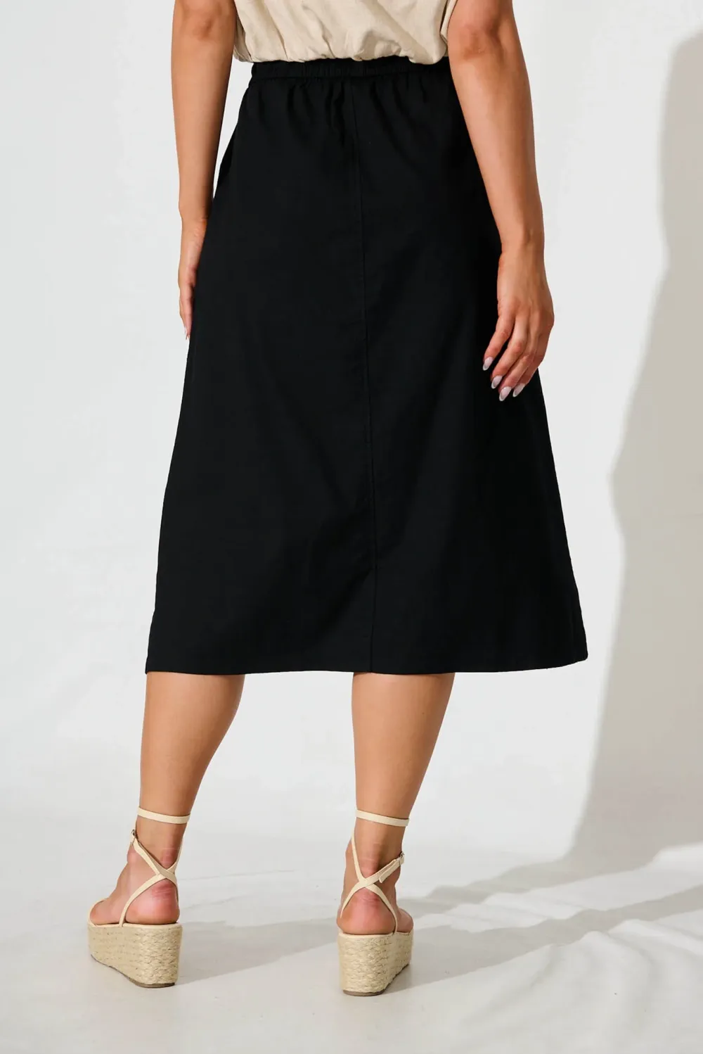 Black Elastic Waist Midi Skirt