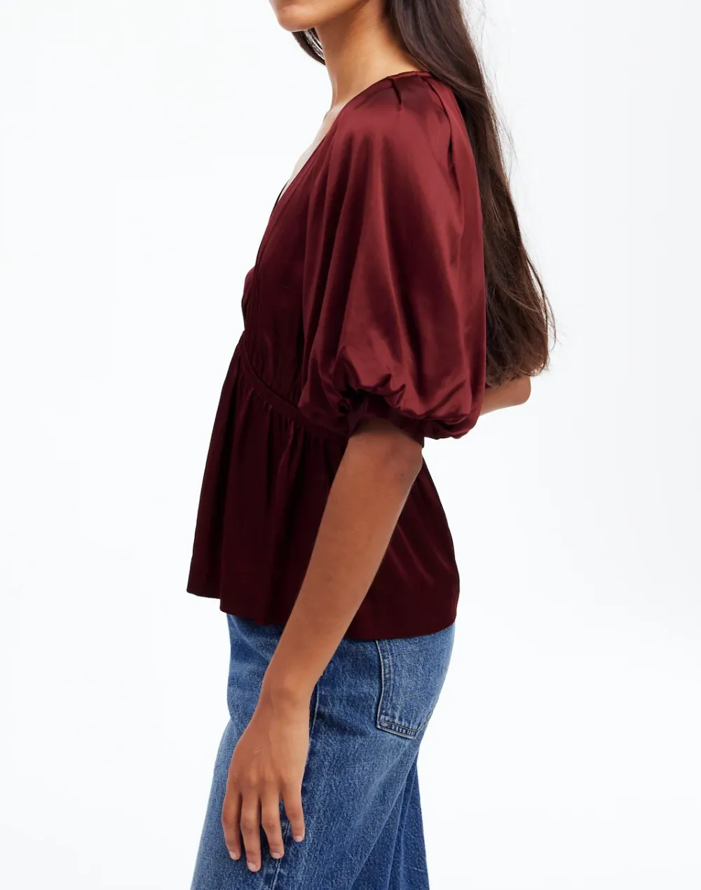 Shirred Puff-Sleeve Top in Satin