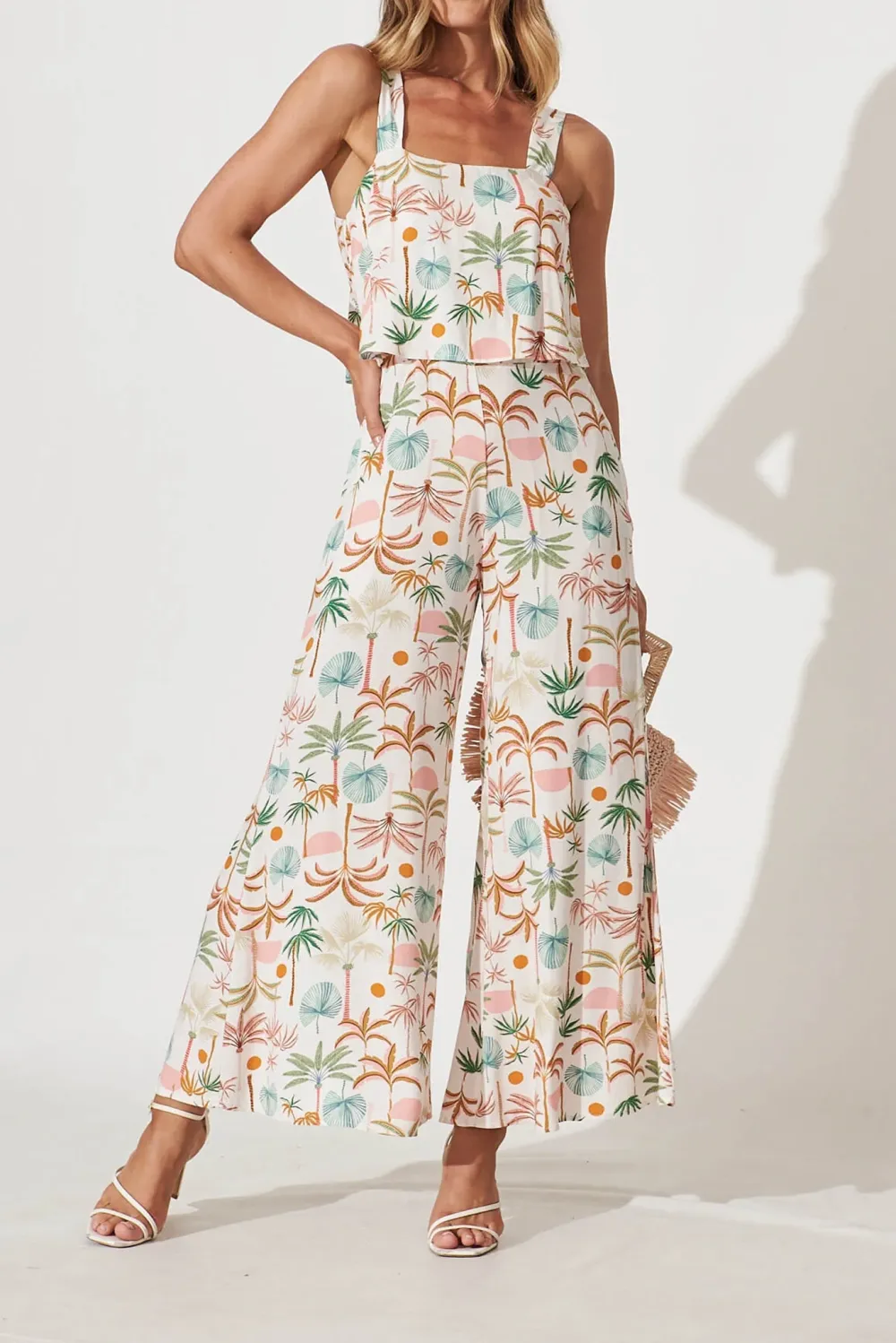 White Based Tropical Print Wide Leg Jumpsuit