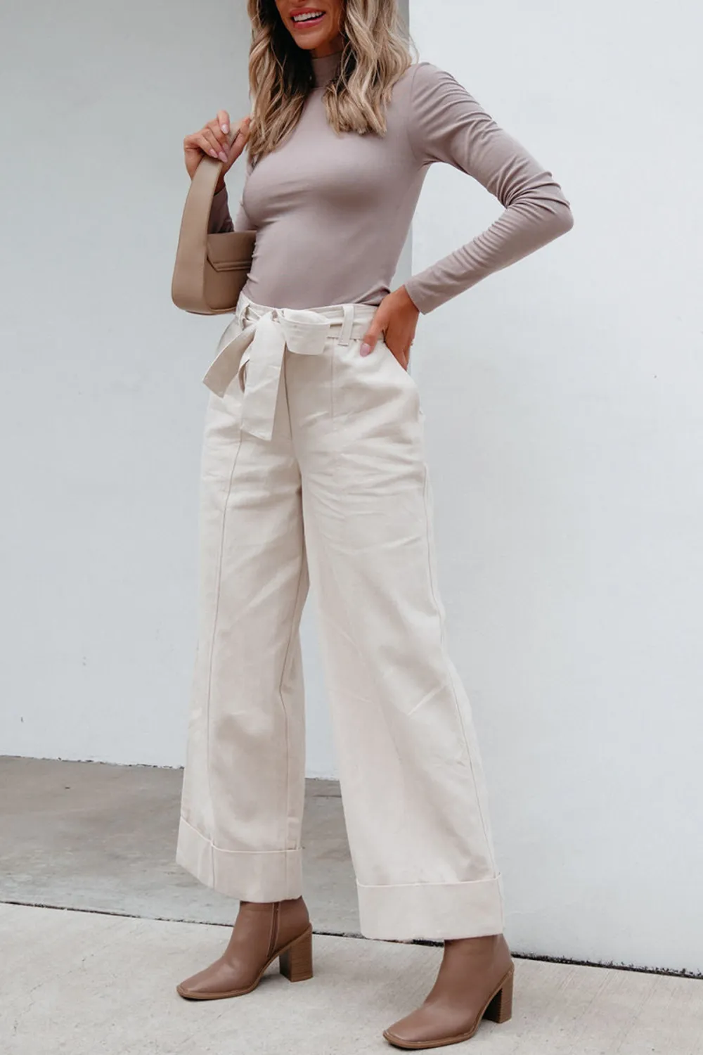 Belted Wide Leg Cuffed Pants - Natural