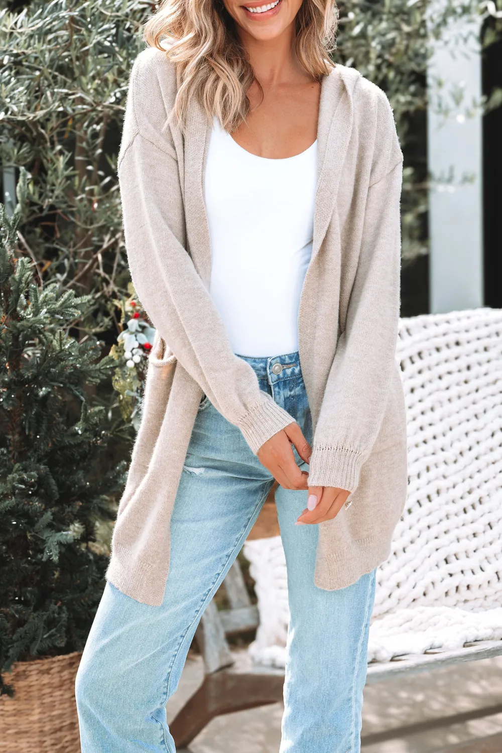 Beige Long Hooded Cardigan