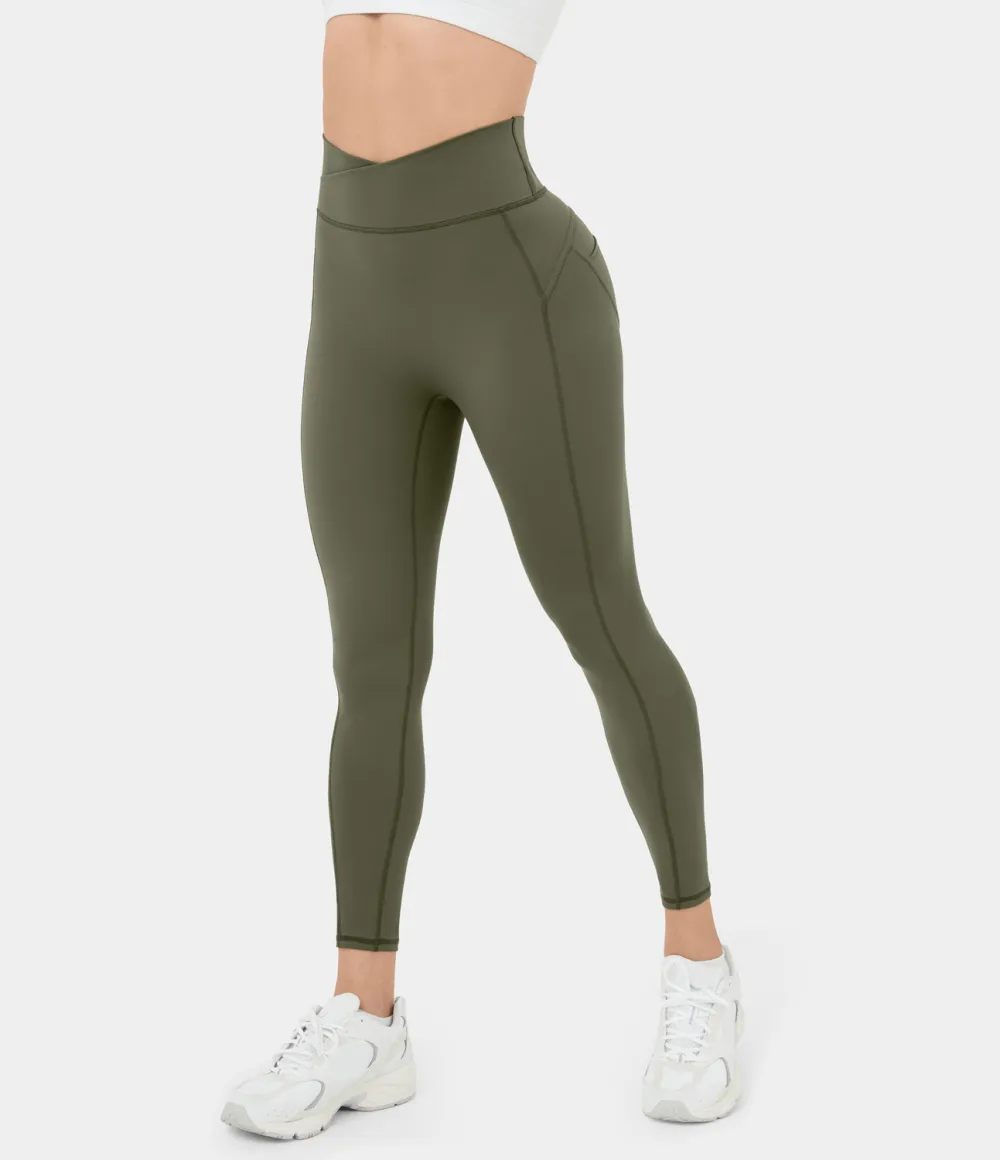 High Waisted Crossover Ruched Yoga 7/8 Leggings