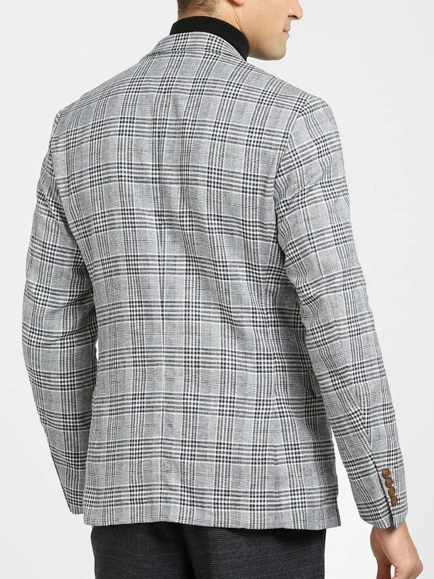 Dark Blue Check Print Linen Blazer