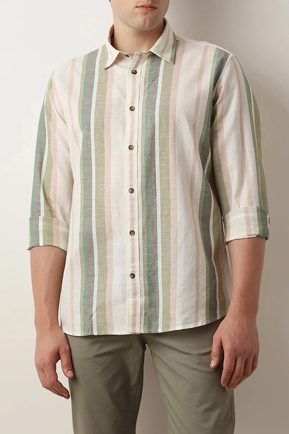 Beige Striped Linen Full Sleeves Shirt