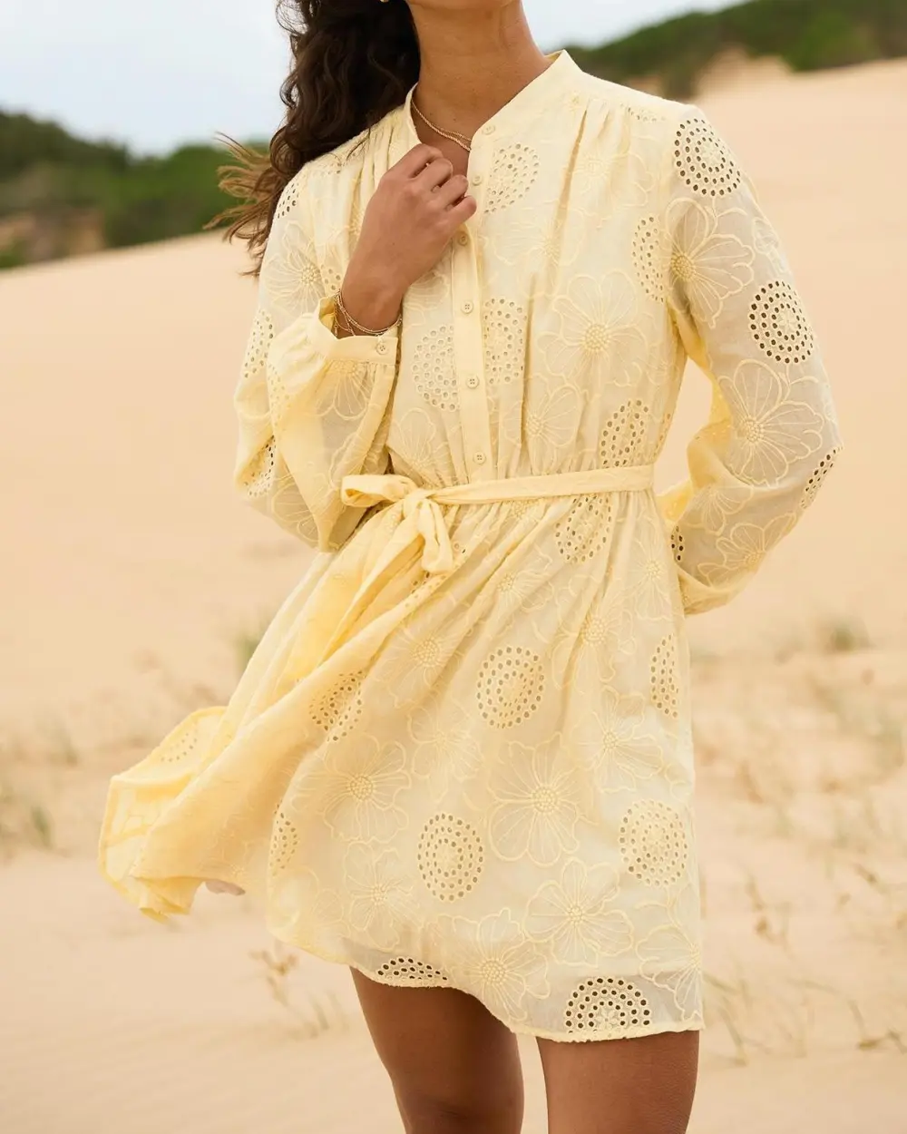 Mock Neckline Cotton Tie Dress -Golden Haze