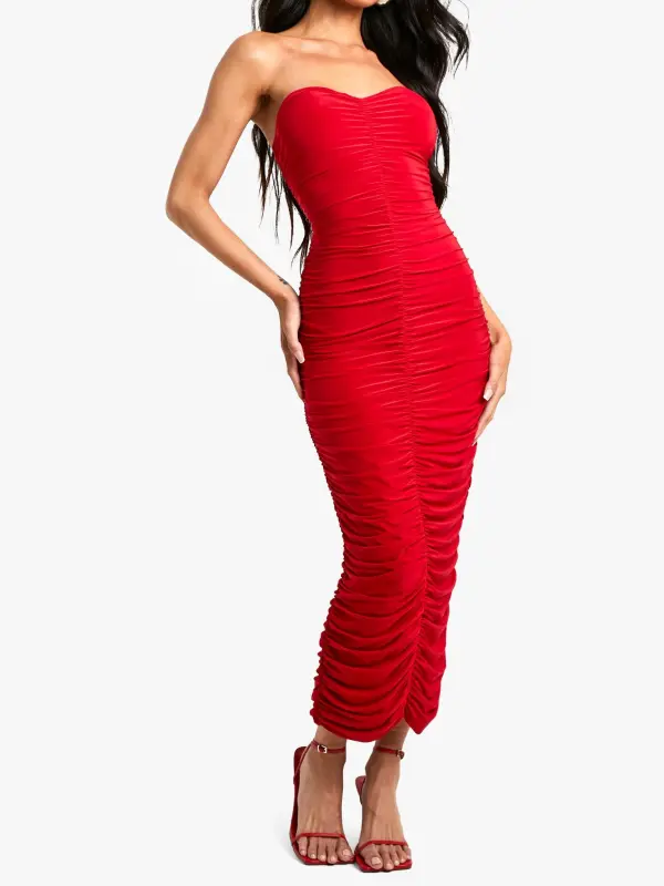 SLINKY RUCHED DETAIL BANDEAU MIDI DRESS