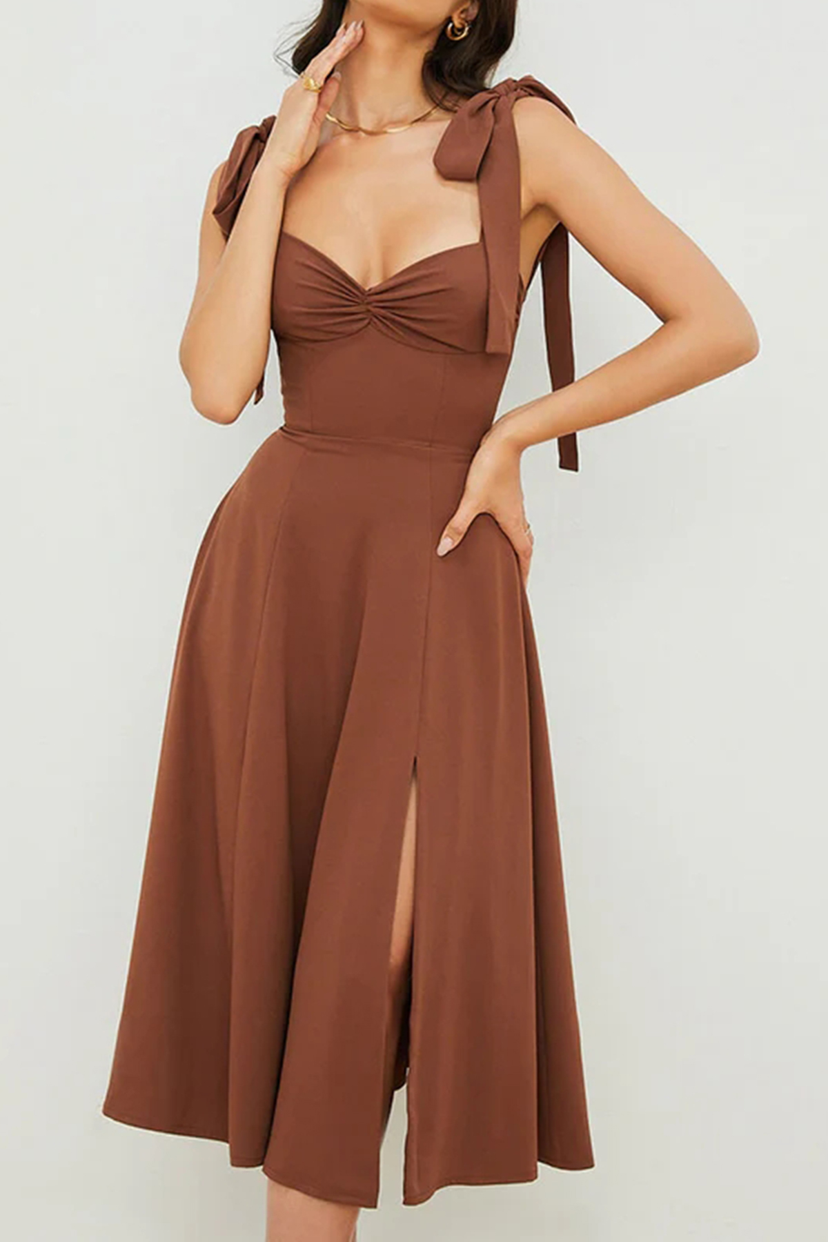 Tie Strap Fit & Flare High Slit Slip Midi Dress - Chocolate