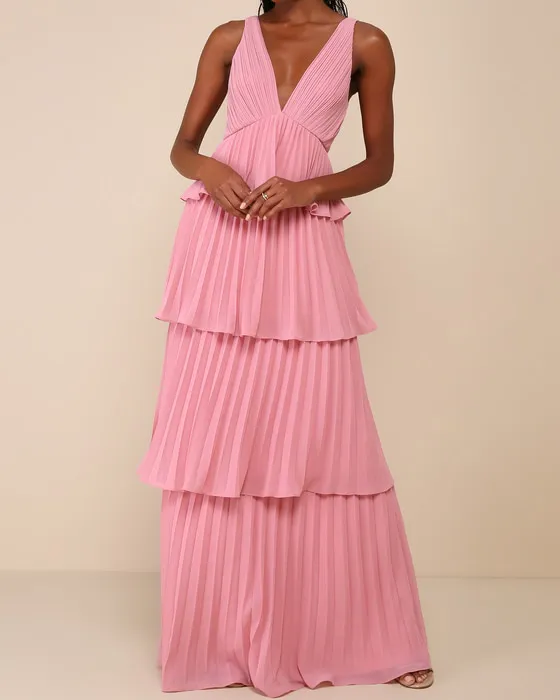 Mesmerizing Essence Pink Pleated Backless Tiered Maxi Dress