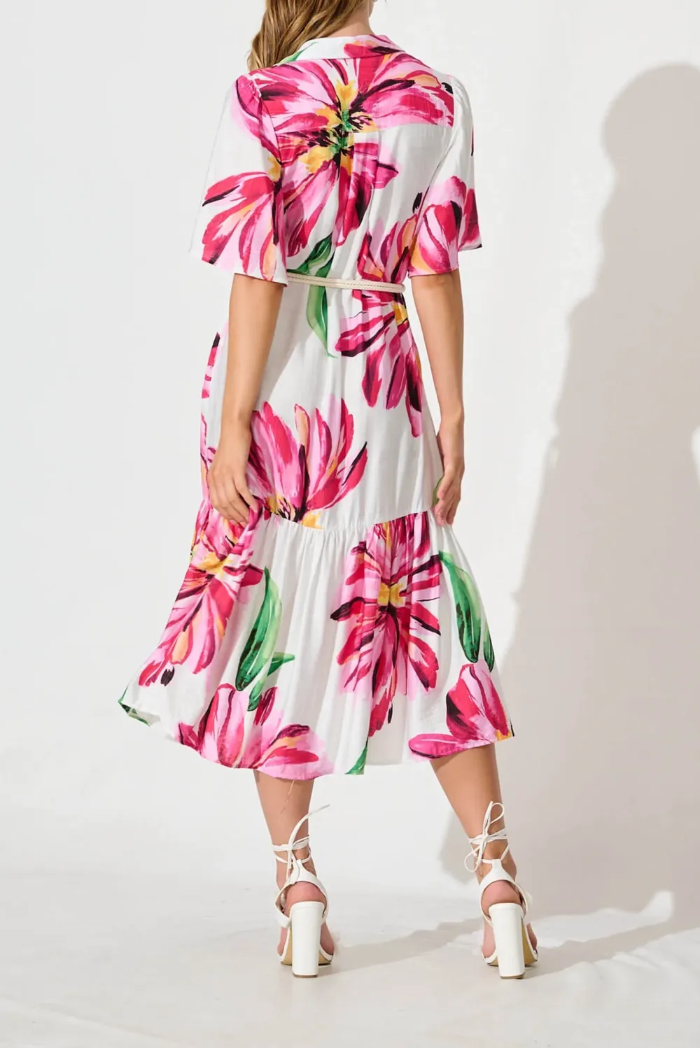 White Based Pink Floral Print Midi Dress