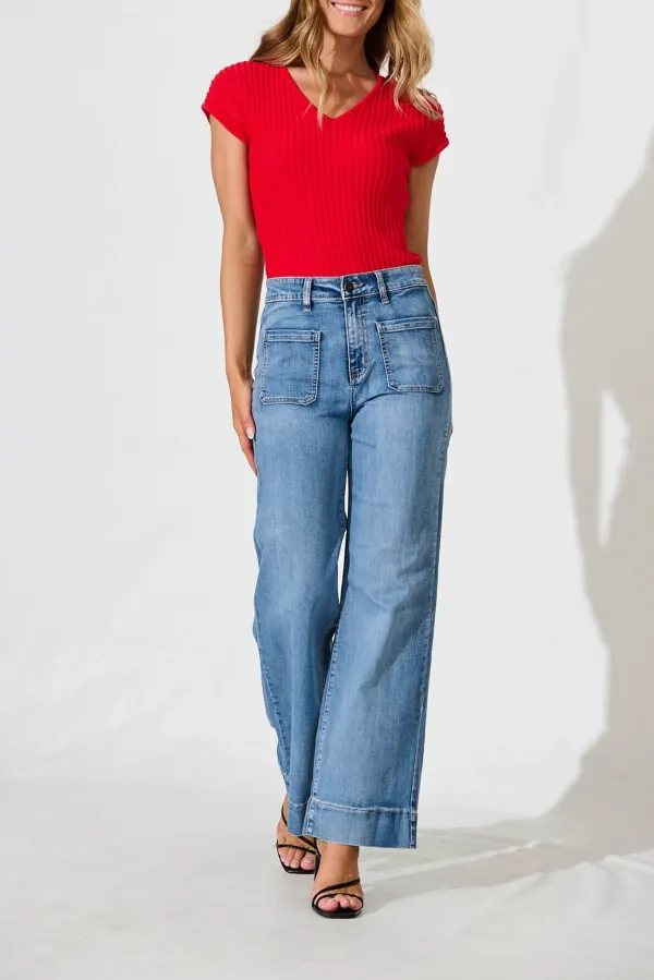 Red Ribbed Short Sleeve V Neck Knit Top