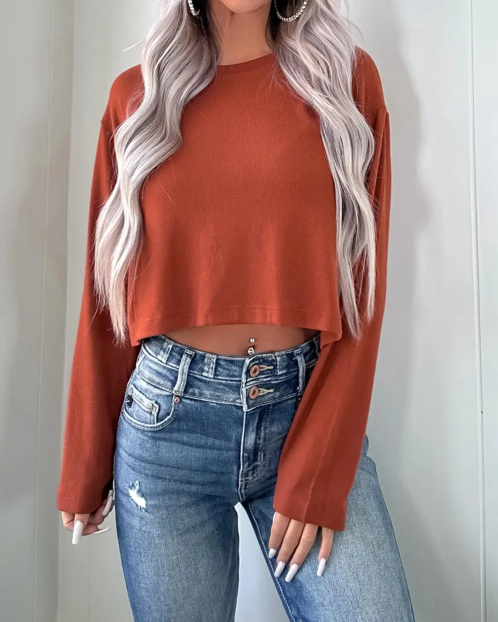 Fresh Breeze Long Sleeve Crop Top - Rust