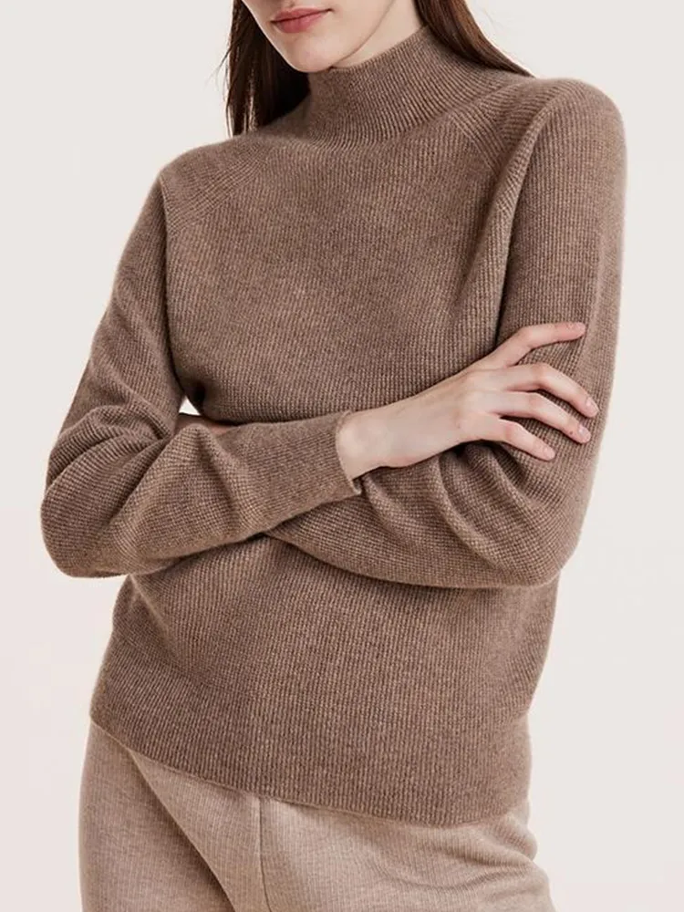 Coffee Seamless Mock Neck Cashmere Women Sweater