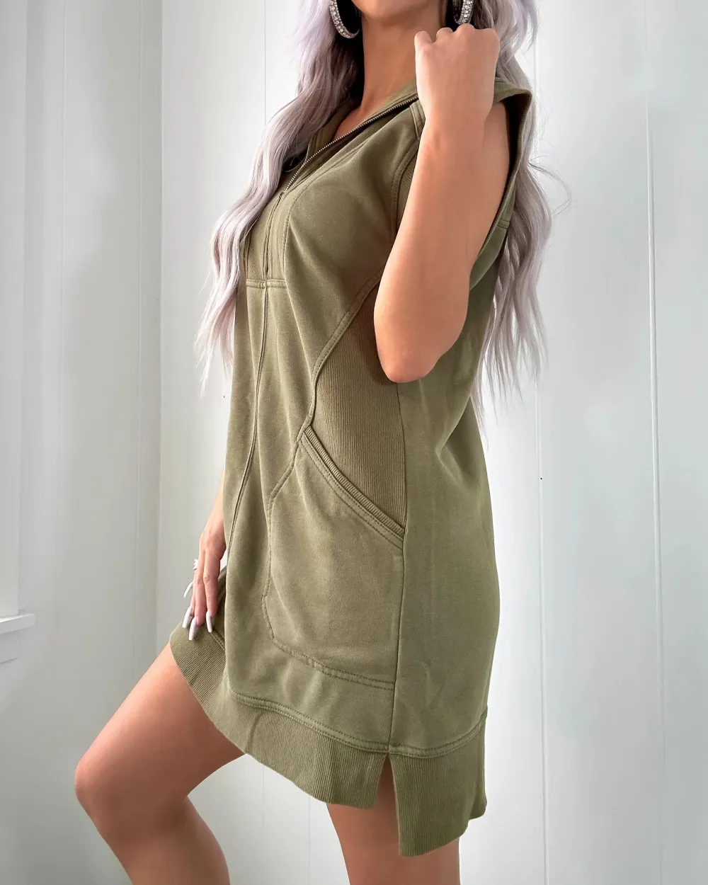 Sporty Luxe Half Zip Dress - Olive