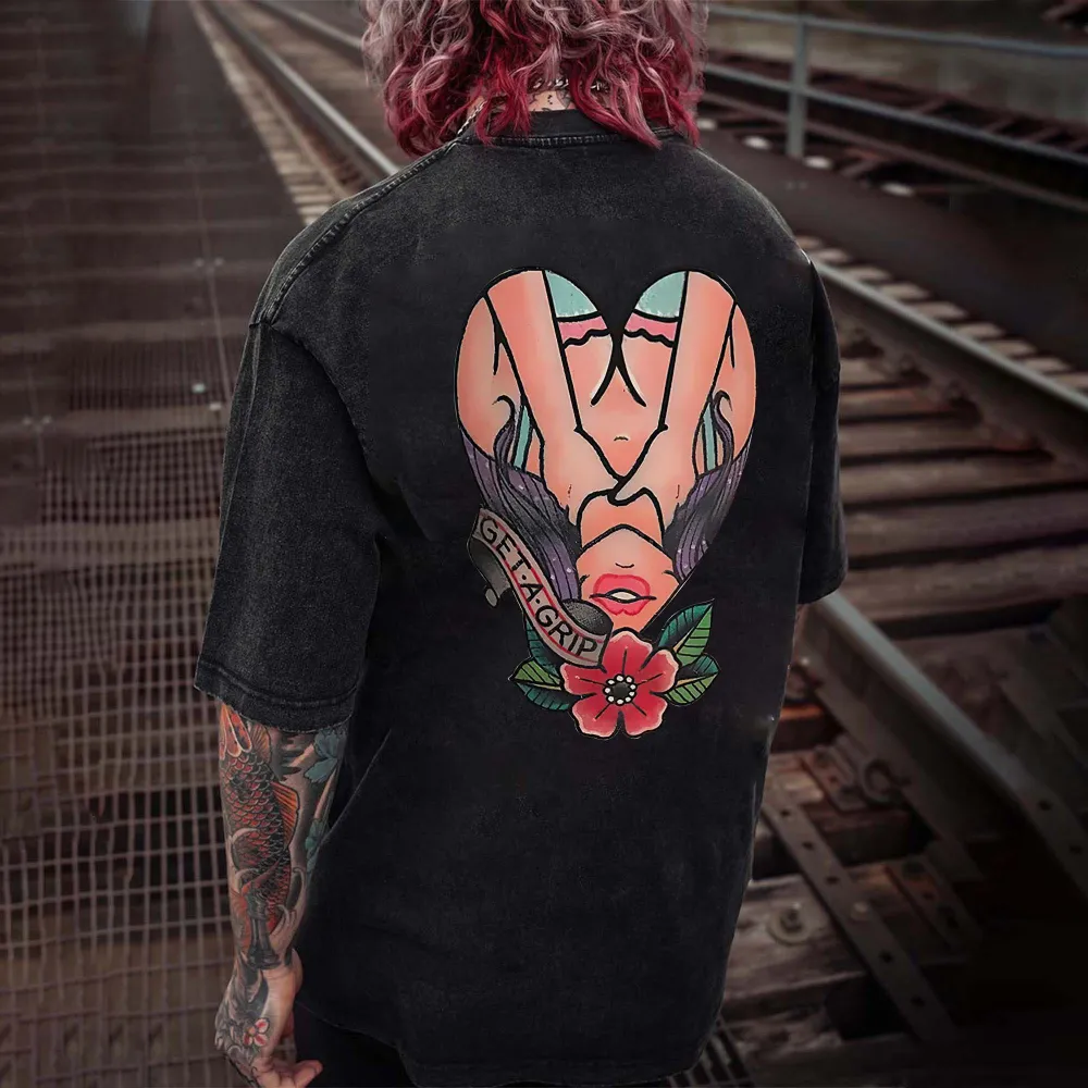 Get A Grip Printed Oversize Washed T-Shirt